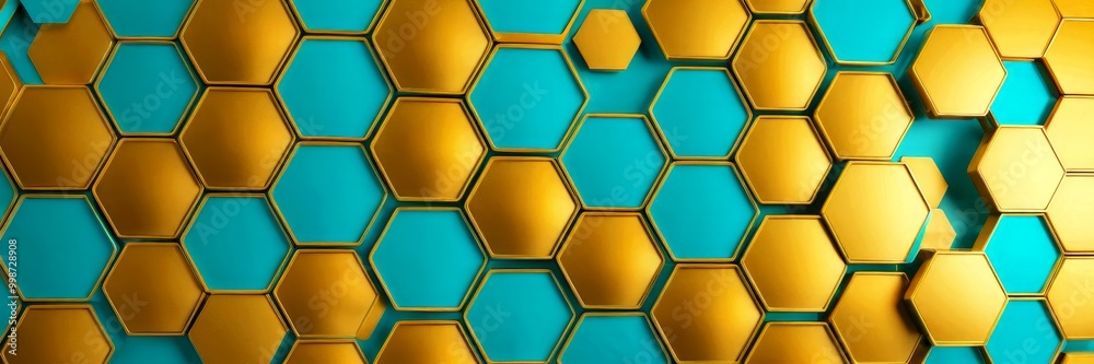 Poster a repeating pattern of hexagonal shapes in shades of blue and gold, creating a visually striking and geometric design