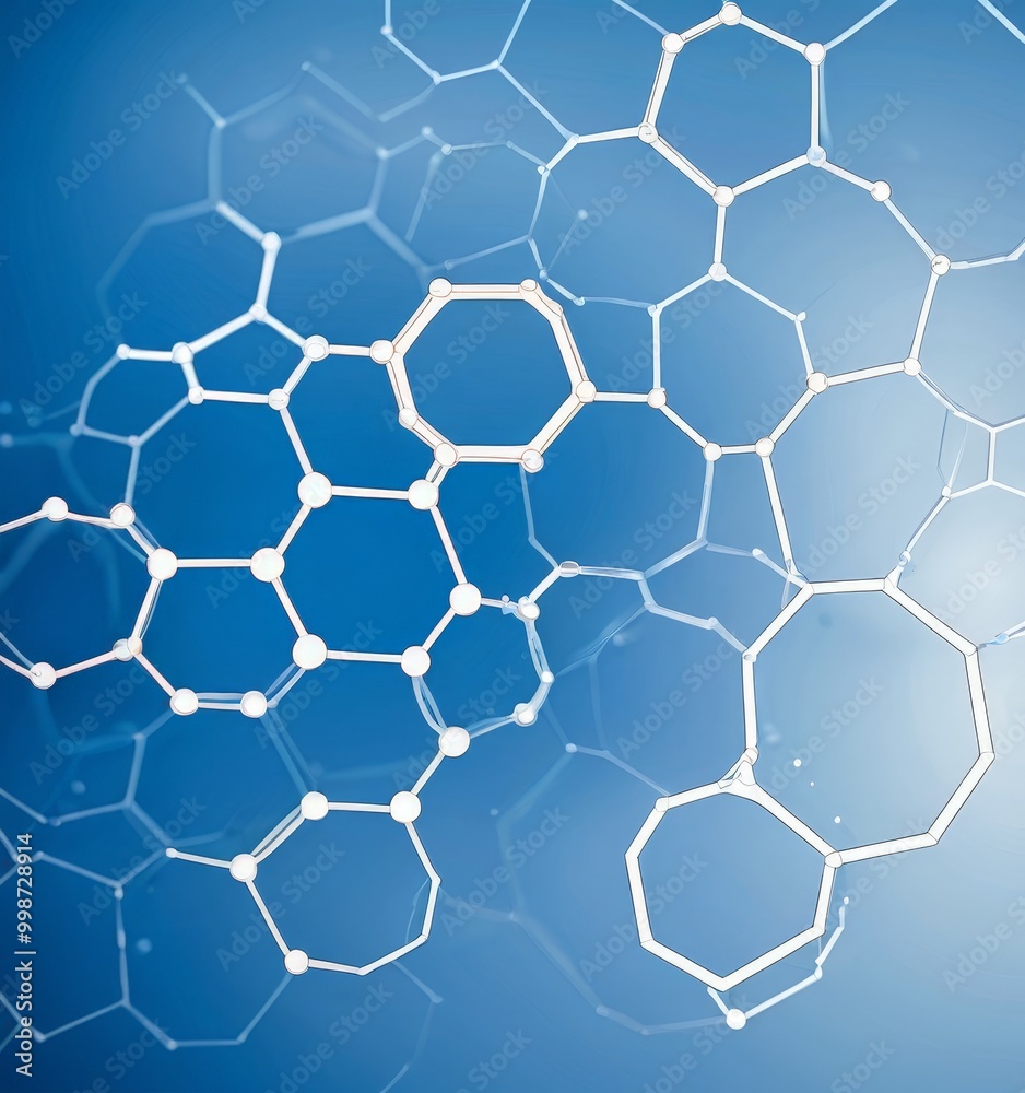 Aufkleber a complex network of interconnected hexagonal structures, each composed of numerous small white dots, set against a blue background The arrangement of