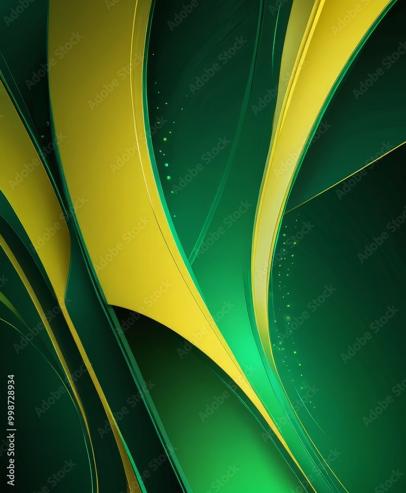 Poster a vibrant abstract composition with curved lines in shades of green and yellow, creating a dynamic and visually striking effect