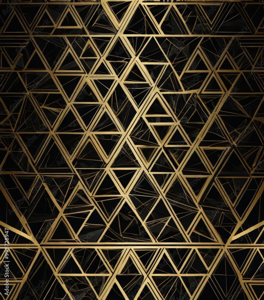 Poster a repeating pattern of black and gold triangles arranged in a grid-like fashion, creating a visually striking and geometric design