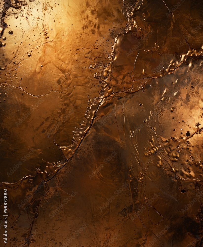 Poster a close-up view textured surface with a golden-brown hue, featuring a mix of cracks, crevices, and s