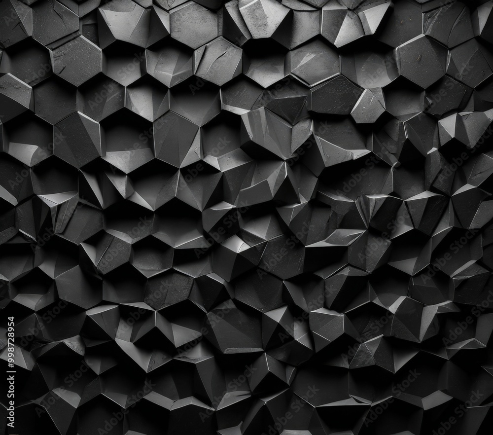 Poster a close-up view textured surface composed of numerous small, irregularly shaped black hexagonal tiles arranged in a repeating pattern