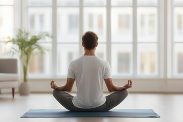 A man meditating on a yoga mat in a minimalist living room