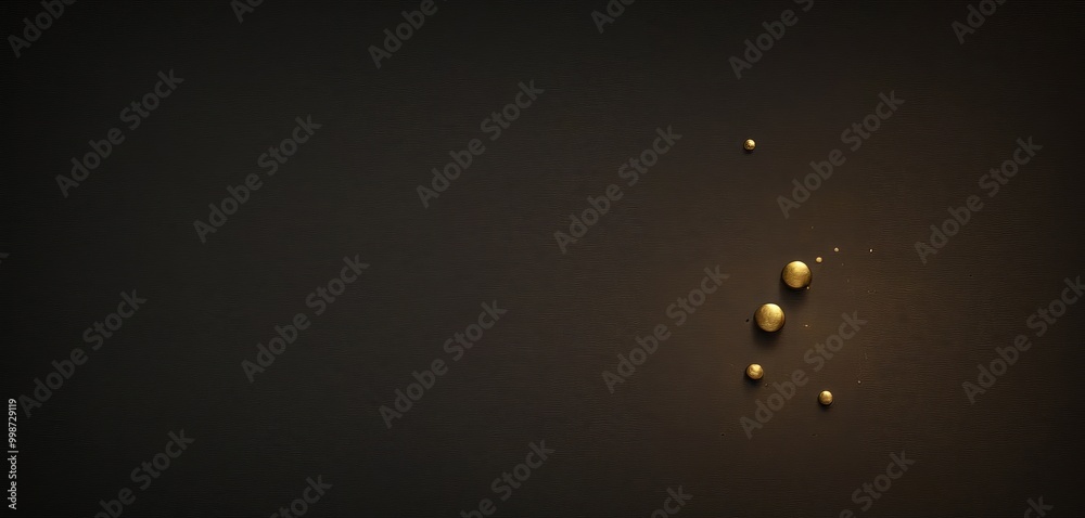 Poster a dark background with scattered golden spheres of varying sizes, creating a sense of depth and movement.