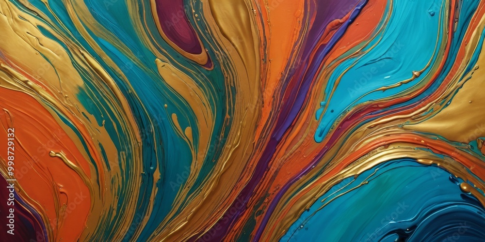 Aufkleber a vibrant abstract painting with swirling patterns of blue, orange, and gold paint, creating a dynamic and visually striking composition.