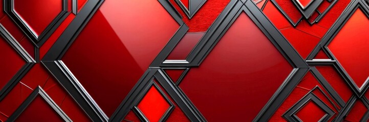 a striking abstract pattern composed of intersecting black and red geometric shapes, creating a sense of depth and complexity