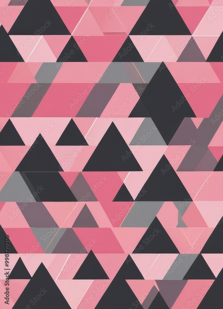 Poster a repeating pattern of black and pink triangles, creating a visually striking geometric design