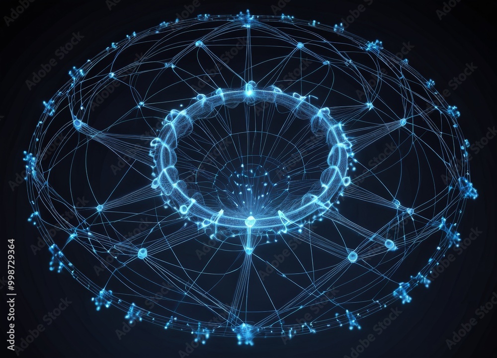 Poster a complex network of interconnected lines and dots, resembling a digital illustration or a hologram, with a central circular element that appears to be the focal point.