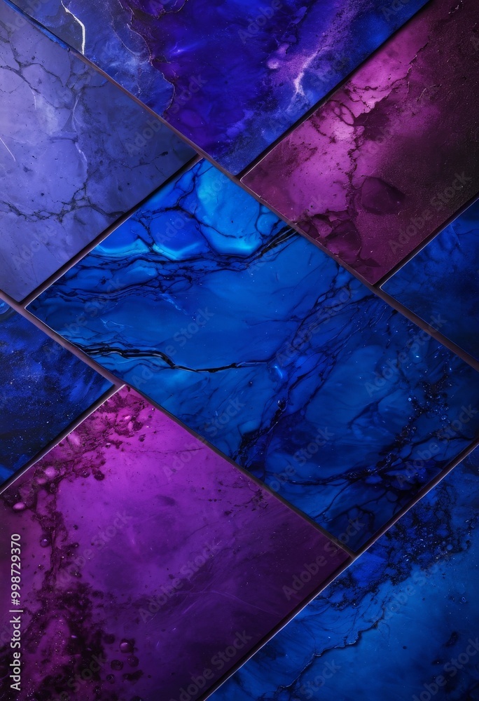 Aufkleber a vibrant abstract pattern composed of overlapping rectangular tiles in various shades of blue, purple, and black, creating a dynamic and visually striking composition