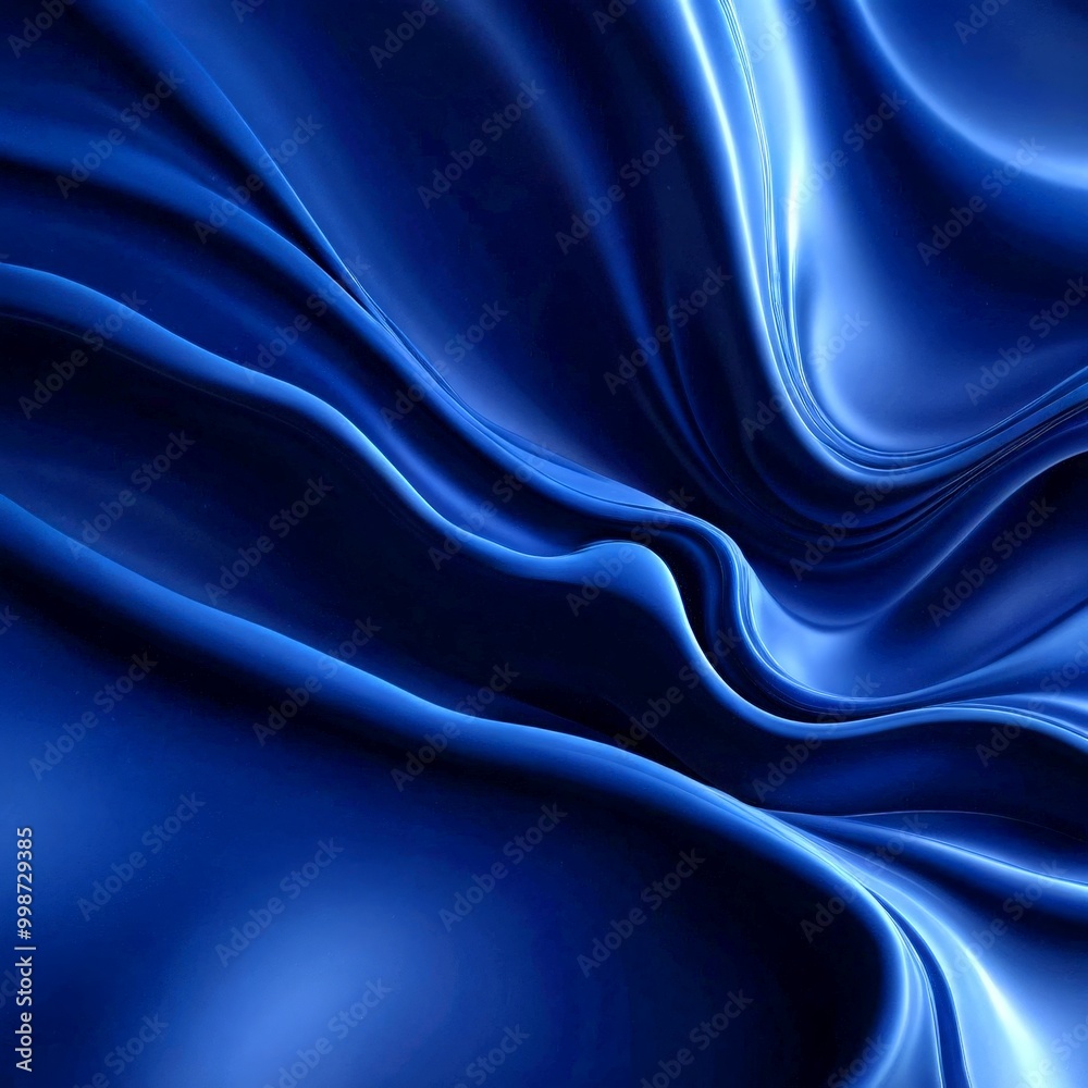 Poster a close-up view flowing, wavy fabric with a deep blue color, creating a sense of movement and elegan