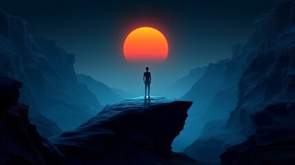 Fototapeta premium A serene silhouette of a person standing on a cliff, gazing at a vibrant sunset over distant mountains.