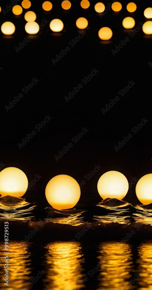 Poster A row of glowing spherical lights casts a warm, golden glow on the water's surface, creating a mesmerizing reflection that adds depth and dimension to the scene.