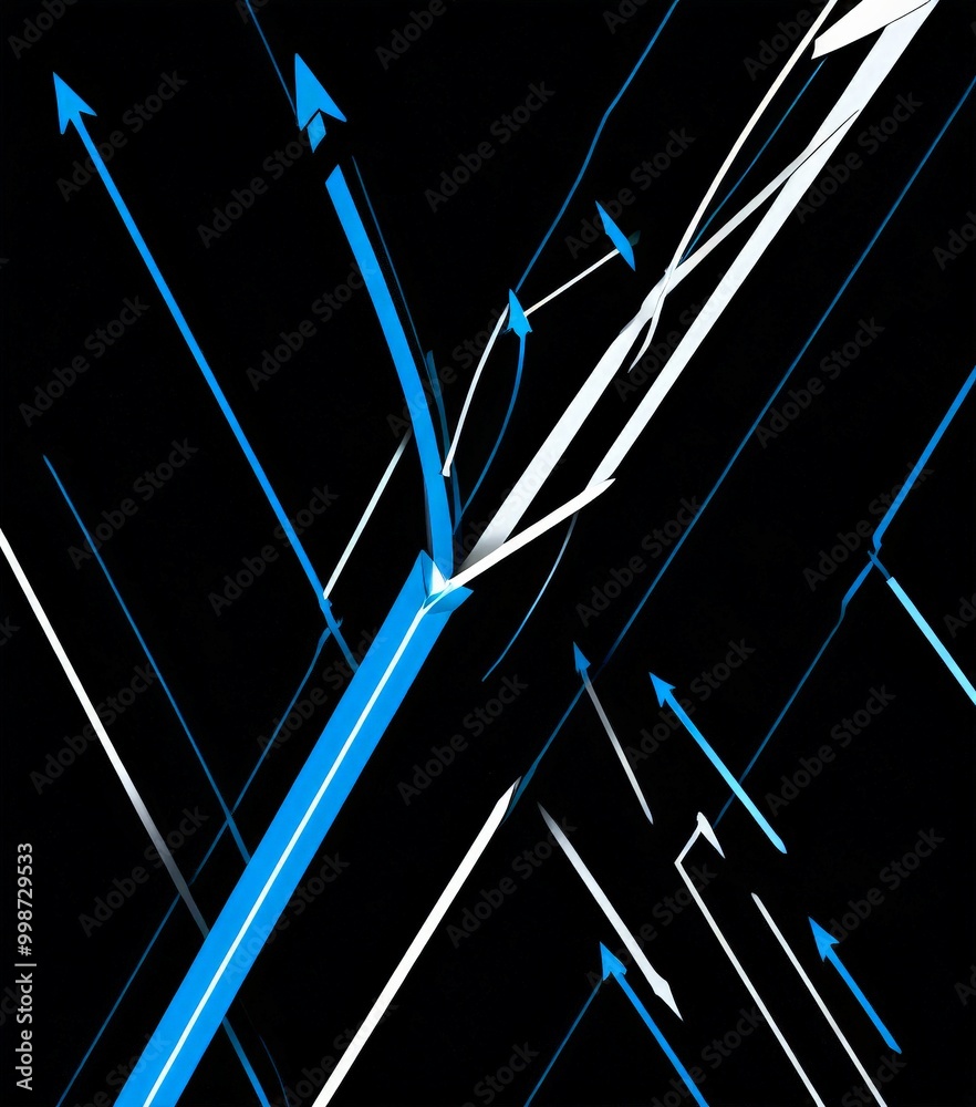 Poster a complex abstract composition of intersecting blue and white lines and arrows, creating a dynamic and visually striking pattern against a black background