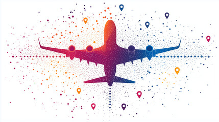 Global Connections: A vibrant, abstract plane takes flight, surrounded by colorful location pins, symbolizing the interconnectedness of travel and global reach.  