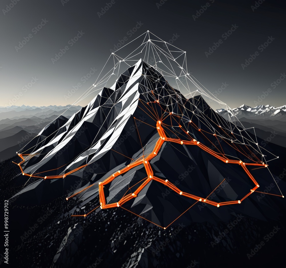 Poster a mountain range with a network of orange lines connecting the peaks, set against a dark sky