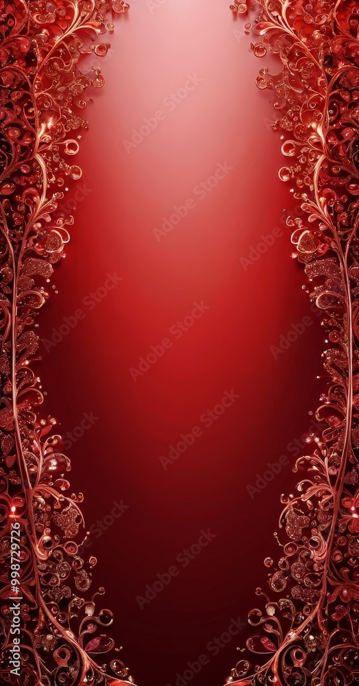 Poster a red background with a decorative border of intricate floral patterns and sparkling elements, creating a visually striking and elegant design