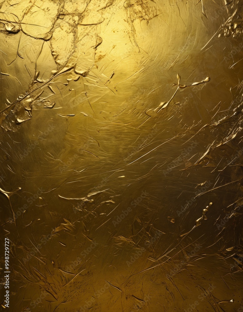 Poster a close-up view textured surface with a golden hue, featuring a mix of cracks, lines, and splatters