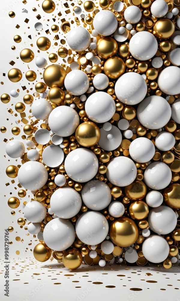 Aufkleber a wall composed of numerous white and gold spheres, creating a visually striking and abstract compos