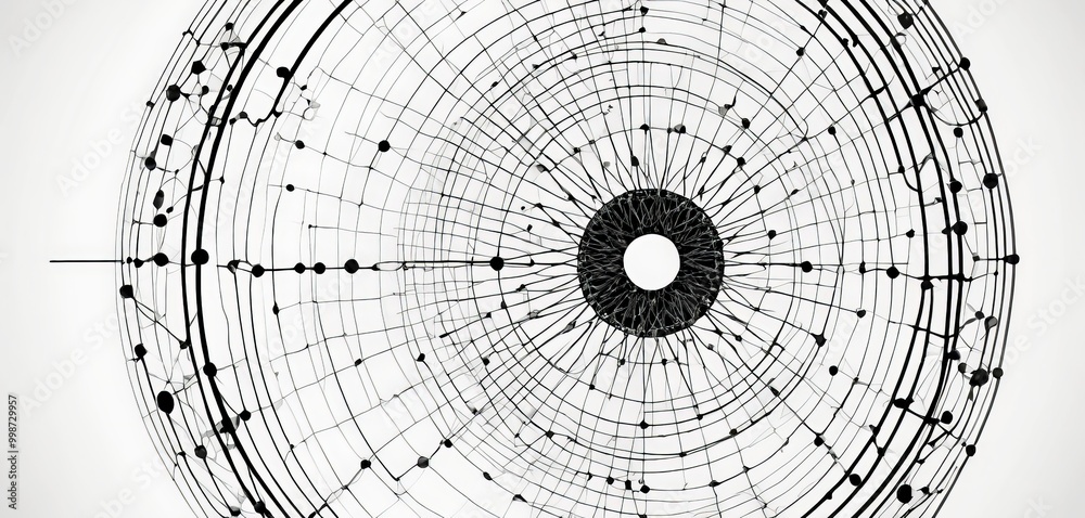 Leinwandbilder a striking black and white abstract composition, featuring a central circular element with a white center and a network of black lines radiating outwards, creating a sense