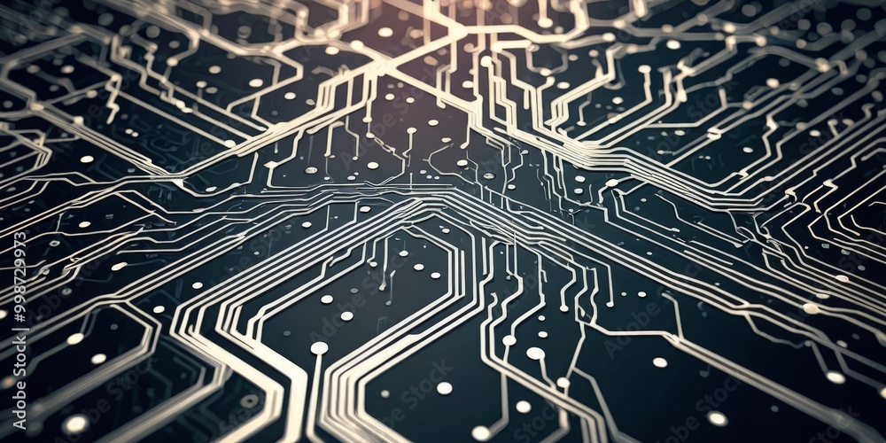 Aufkleber a detailed view of a circuit board, showcasing a complex network of interconnected lines and dots. The lines, varying in thickness, extend across the image, creating a sense