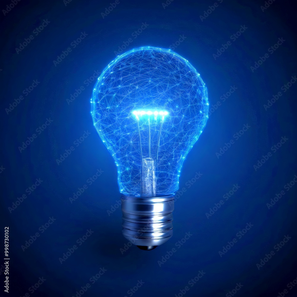 Poster a glowing blue light bulb with a network of interconnected lines and dots, representing the digital 