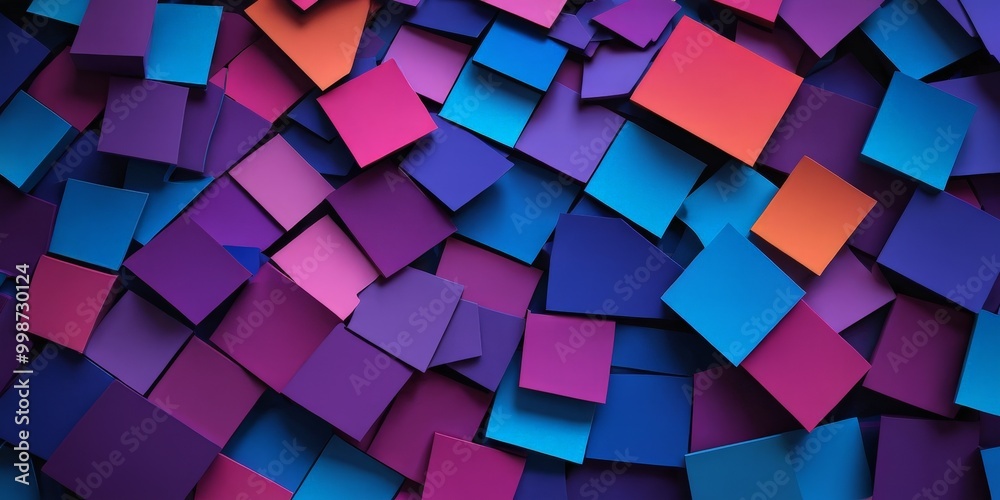 Poster A vibrant abstract composition of overlapping square shapes in various shades of blue, purple, pink, and orange, creating a dynamic and visually striking pattern