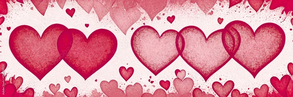 Poster A heart-shaped pattern with overlapping hearts in various shades of pink and red, scattered across a white background