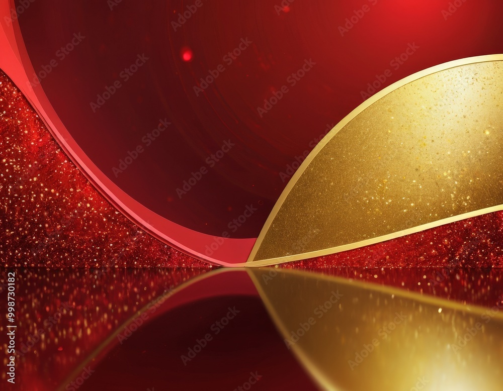 Poster a striking abstract composition with a red and gold color scheme, a shiny gold surface, and a reflec