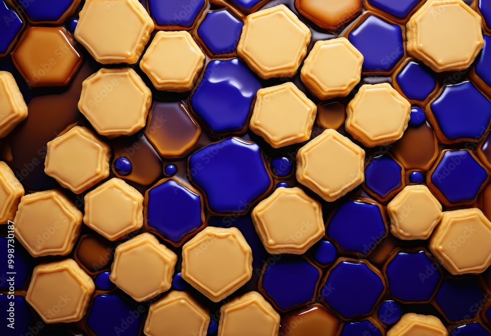 Poster A close-up view pattern of hexagonal shapes in various shades of yellow and blue, with some areas appearing to be liquid or melted
