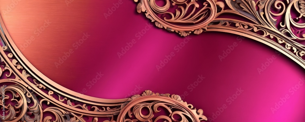 Poster a close-up view pinkish-red background with a gold-colored ornate border The border is adorned with intricate designs and patterns, creating a visually striking