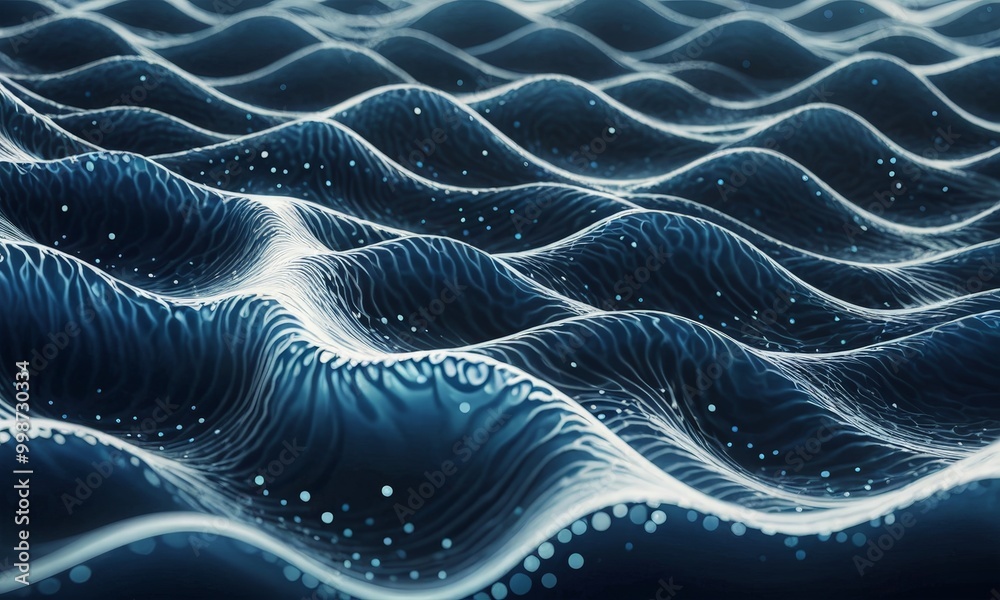 Poster a close-up view wave-like pattern composed of small white dots, creating a sense of movement and depth The background is blurred, emphasizing the wave-like texture and