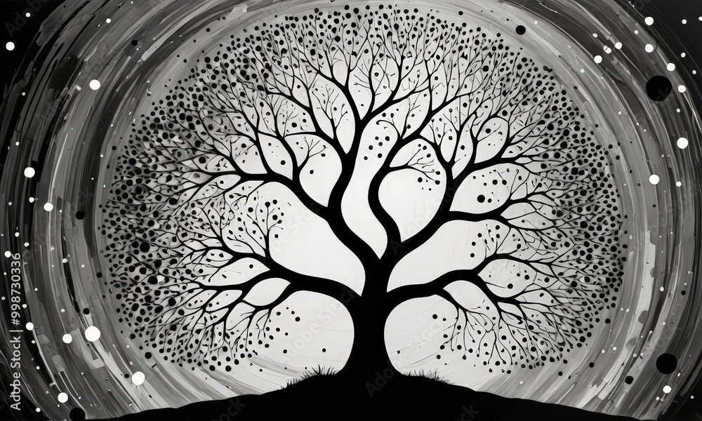 Poster a striking black and white illustration tree with a circular pattern of dots on its branches, set ag