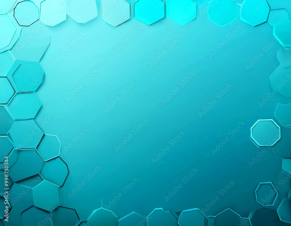 Fototapete a geometric pattern of hexagonal shapes in various shades of blue, arranged in a frame around a cent