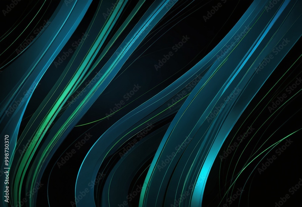 Poster a dark background with a series of curved lines in shades of blue and green, creating a dynamic and abstract visual effect