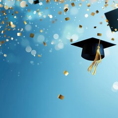 Graduation Cap with Golden Tassel and Confetti on Blue Background