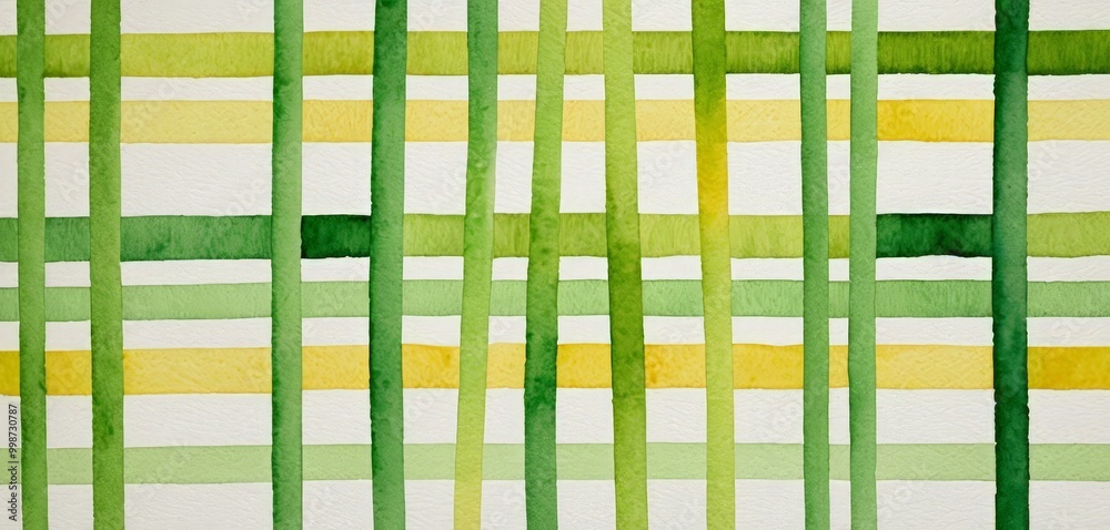 Poster A watercolor painting featuring a grid of intersecting green and yellow vertical lines, creating a vibrant and textured pattern