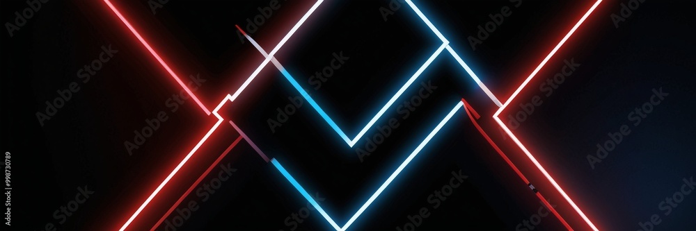 Poster a striking abstract composition of intersecting neon lines in red, white, and blue against a black b