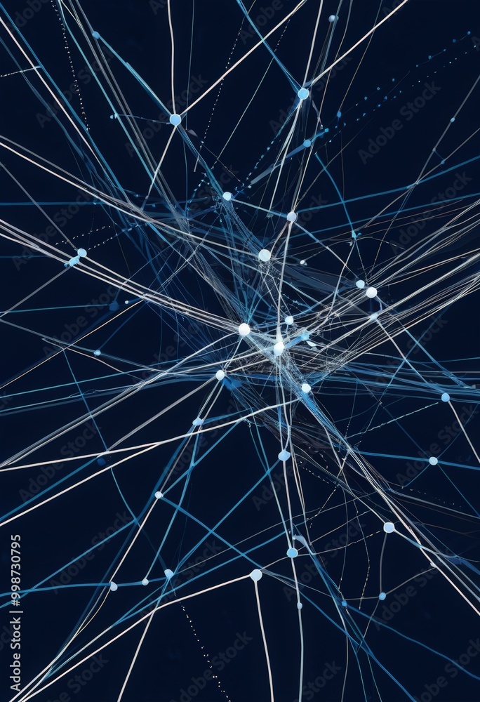 Poster a complex network of interconnected lines and dots, creating a visually striking abstract pattern against a dark background.
