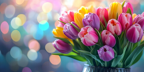 Obraz premium Close-up of a Bouquet of Colorful Tulips with a Bokeh Background
