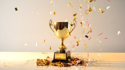 Golden Trophy With Confetti Celebration   Success Achievement Award