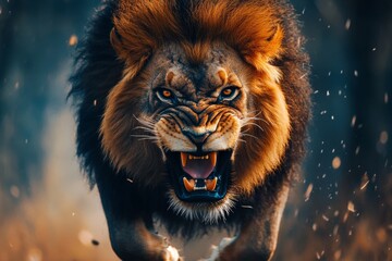 An angry lion with an open mouth. expression of anger. Portrait of a big male lion with open mouth. 