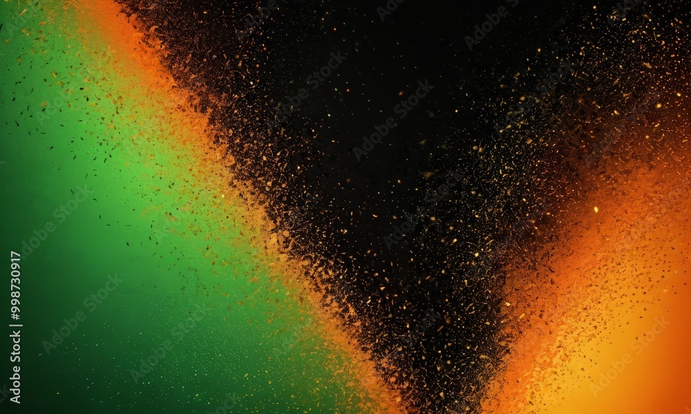 Aufkleber a vibrant abstract composition with a gradient of green and orange hues, interspersed with small specks of gold and black, creating a dynamic and visually striking effect