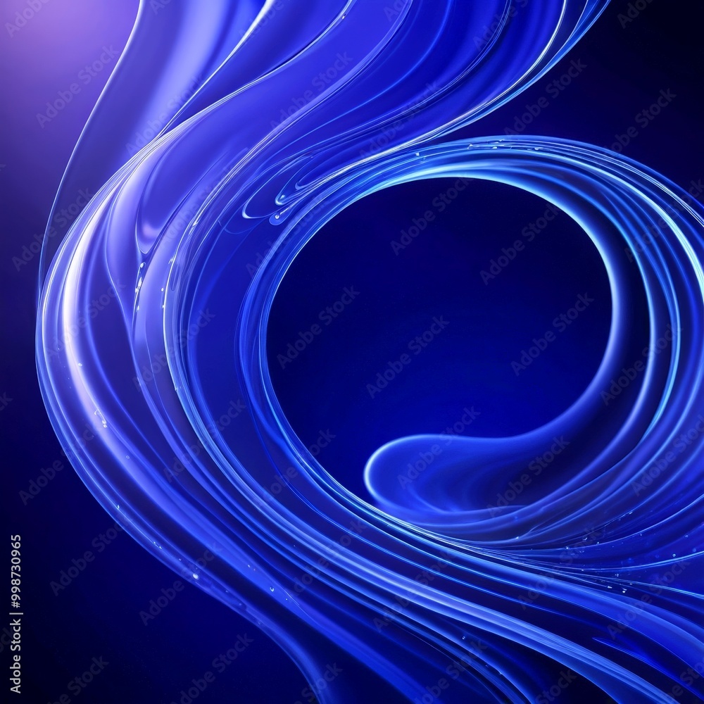 Poster a swirling, abstract pattern of blue and purple hues, with a central circular shape and a gradient effect that transitions from deep blue at the top to a lighter shade at