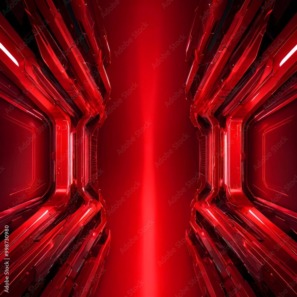 Poster a futuristic, red-tinted corridor with a central light source, creating a sense of depth and perspective