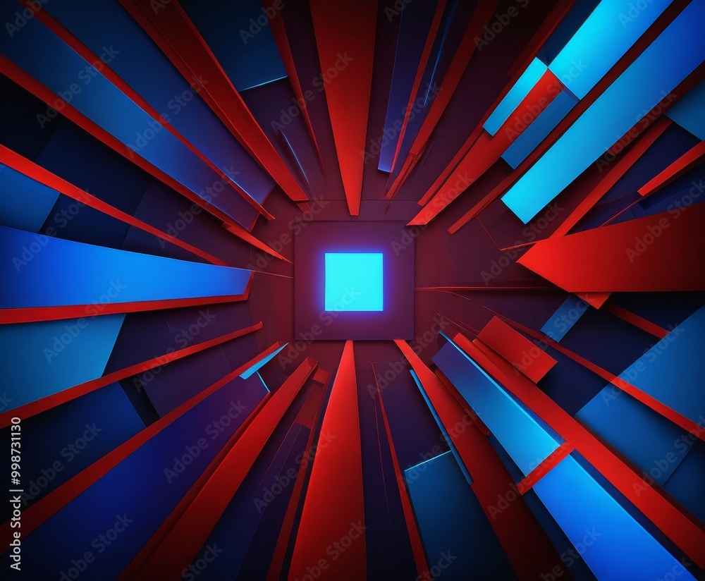 Aufkleber a digital illustration geometric pattern composed of intersecting red and blue lines, culminating in a square with a blue light at its center