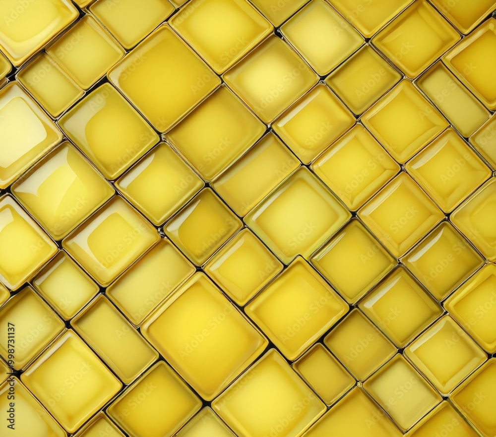 Poster a close-up view grid of yellow square tiles arranged in a diagonal pattern, creating a visually striking and geometric design