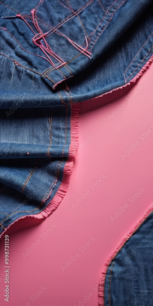 Poster a close-up view pair of jeans with a pink background
