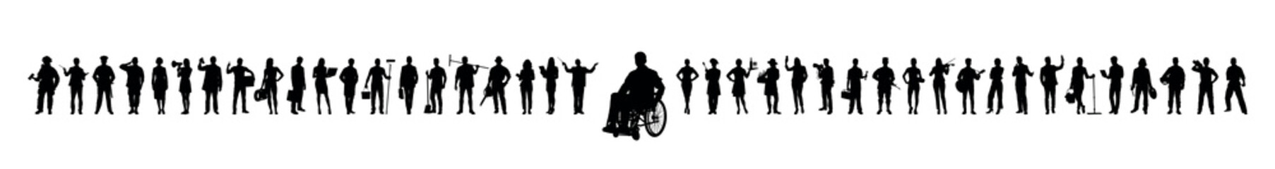 Man in wheelchair sits in front of group of people with different jobs profession standing together in row  silhouettes.