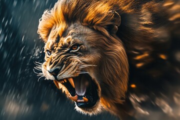 Roaring male lion. An angry lion with an open mouth. expression of anger. Portrait of a big male lion with open mouth. 