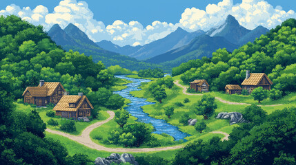 Fototapeta premium Pixel art highway winding through a lush green valley with rivers and forests on either side